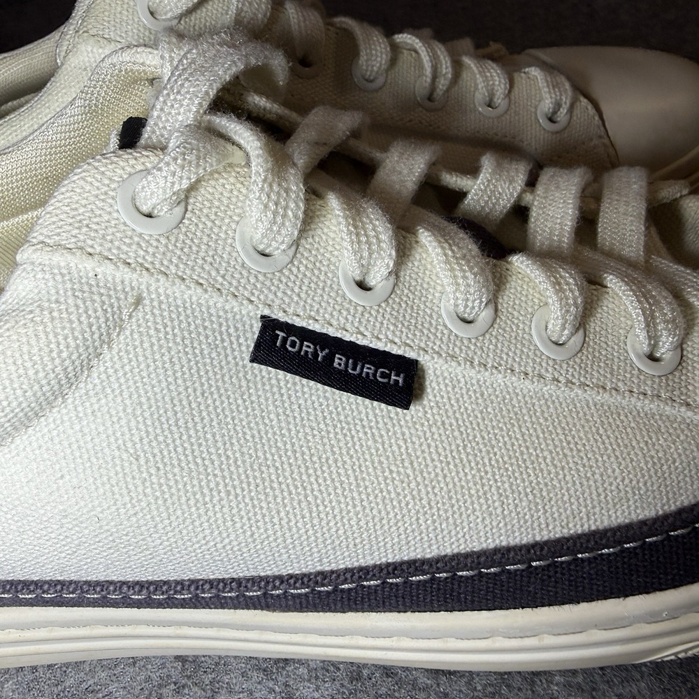 Tory Burch Size 9.5 Womens Classic Court Sneaker, Ivory Canvas/ Perfect Navy - Picture 3 of 9
